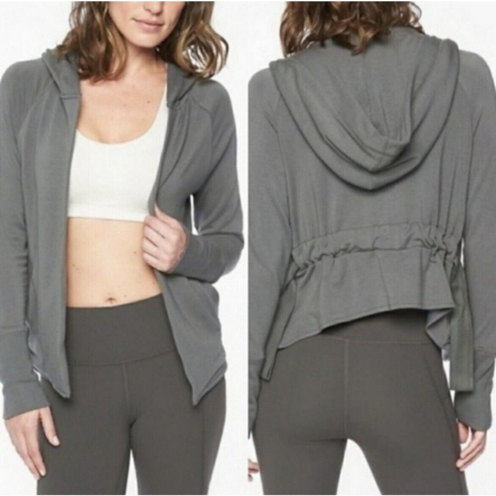 Athleta Clarity Cinch MODAL Cardigan Hoodie Open Front Sweater BLACK Size MEDIUM